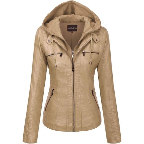 Jackets & Blazers - Women's Apricot Hooded Moto Biker Outerwear Fall Fashion Faux Leather Jacket